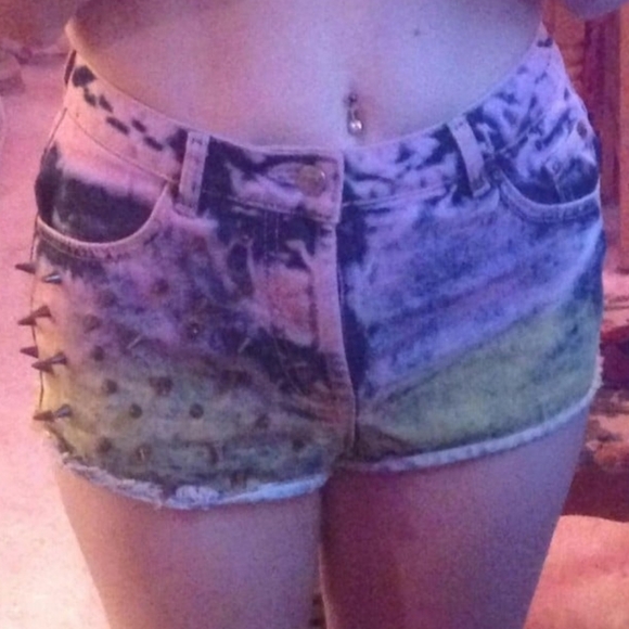 distressed dyed high waist spiked denim shorts - Picture 1 of 3